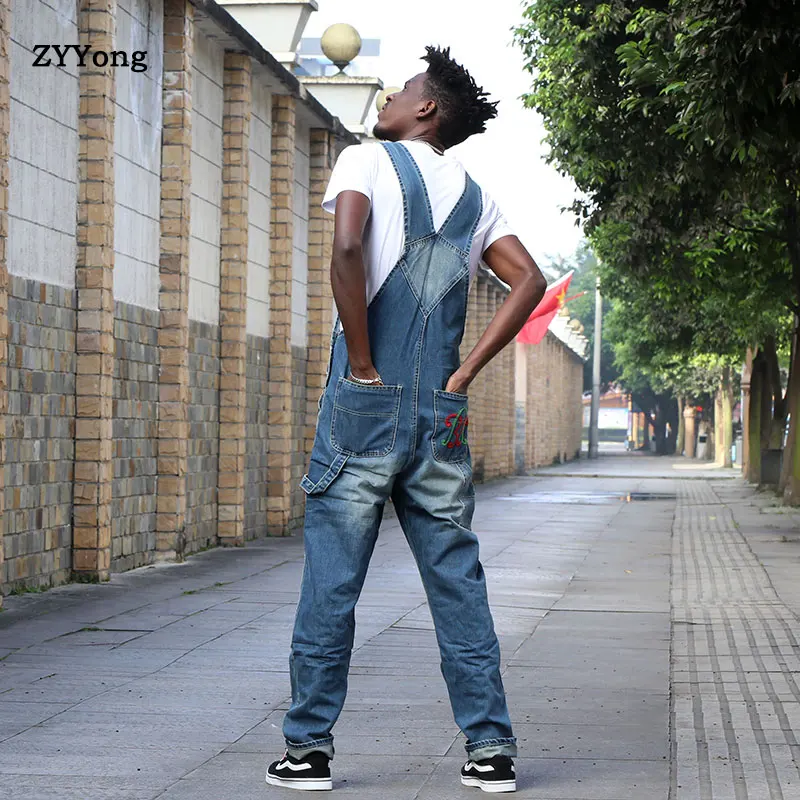 ZYYong Stylish Men's Jeans Jumpsuit Comfortable Loose Hip-Hop Street Clothes Men's Pants Denim Bib Overalls Men's Suspenders