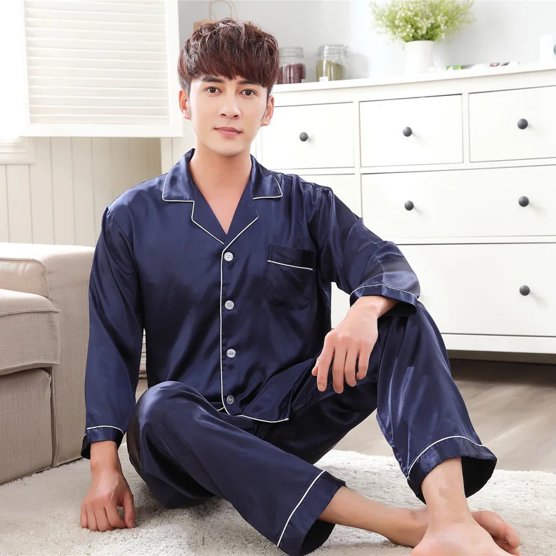 Однотонная атласная Мужская пижама летний комплект с длинным рукавом осенняя