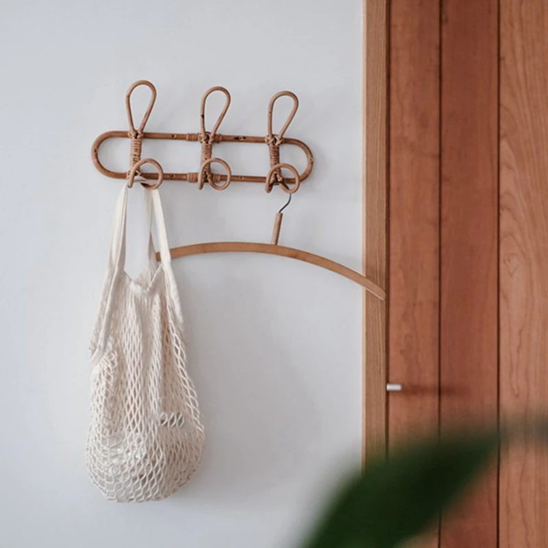 

2 Pcs Rattan Wall Hooks Kids Garments Organizer Rack Clothes Hat Hanging Hook Rattan Hanger Kids Room Decor Hanger