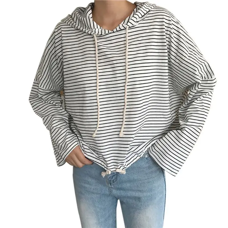 

Women Cute Stripes Simple Autumn Long Sleeve Casual Loose Hooded Short Recommend