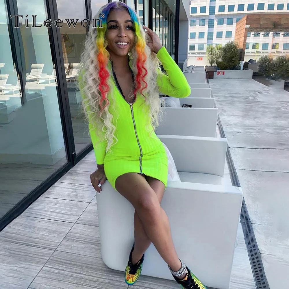 Tileewon Женская одежда с длинным рукавом осенне-зимнее платье на молнии высоким