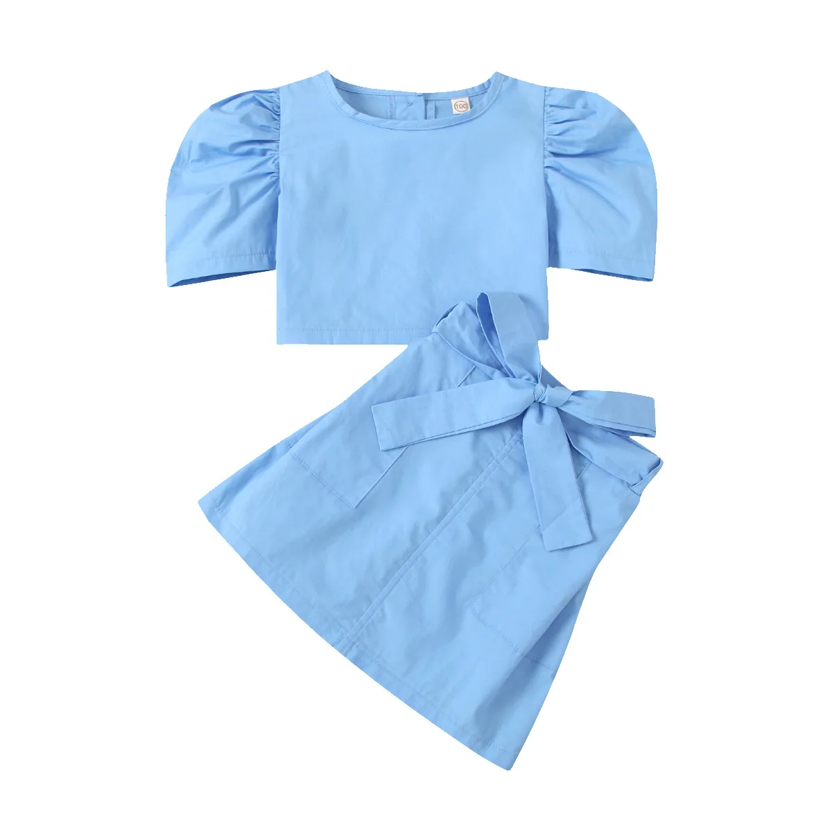 

2021 New Spring Summer Children Clothing Girls Solid Color Suit Round Neck Puff Sleeve Crop Tops With Short Skirs Two-piece Suit