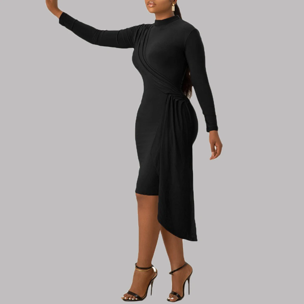 

2021 Autumn Winter New Dress Solid Color Womens Fashion Temperament Commute Western Style Irregular Casual Long Sleeve Women