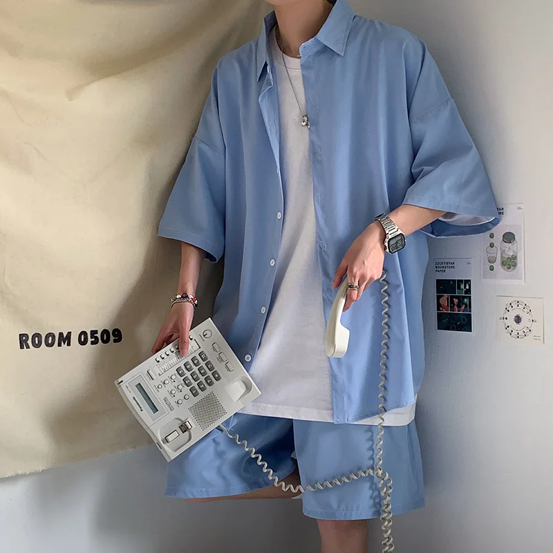 Костюм мужской летний из тонкой рубашки и шортов с коротким рукавом|Мужские