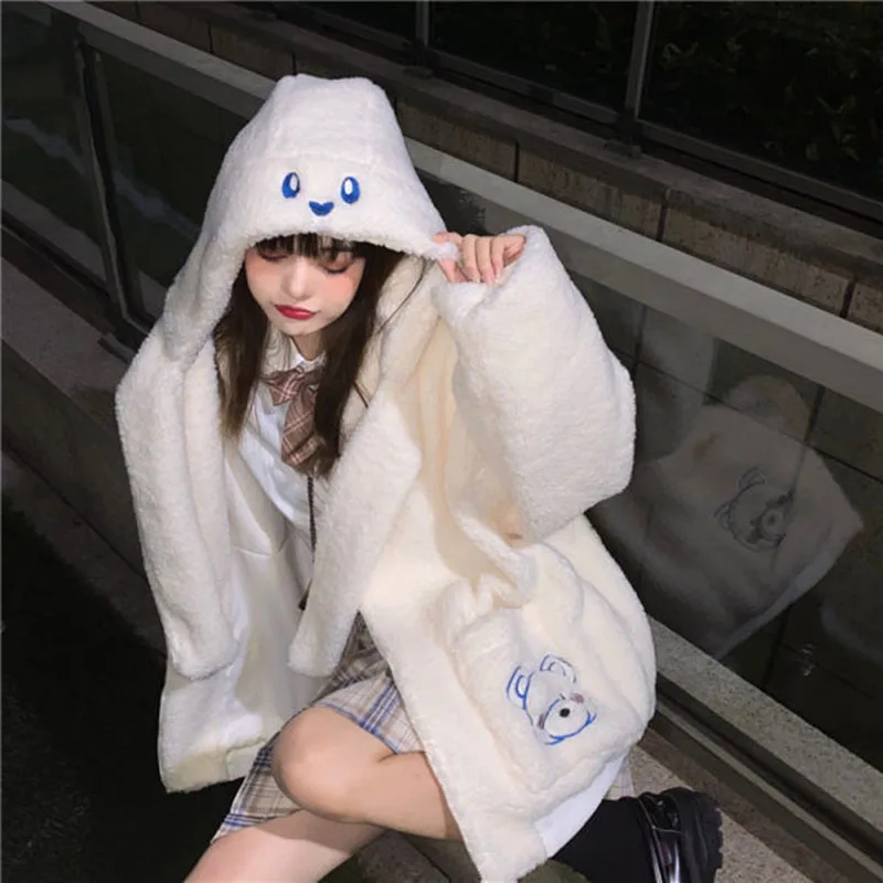 

2021Fashion new Cartoon Bear Lamb Wool Women's Hooded Jacket Casual Oversized Tops Winter Clothes Woman Jackets Cute Korean Coat