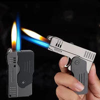metal double fire deformation pistol butane gas lighter free fire jet torch windproof cigarette flint grinding wheel lighter