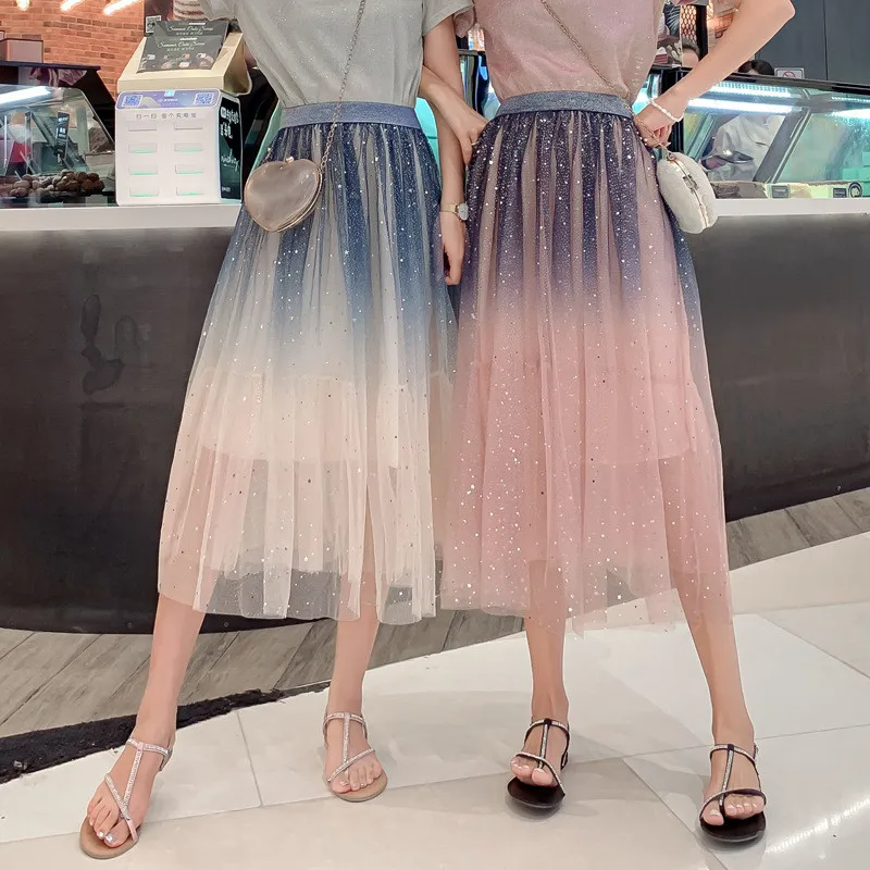 Весенне летние женские модные плиссированные юбки из тюля градиентного цвета