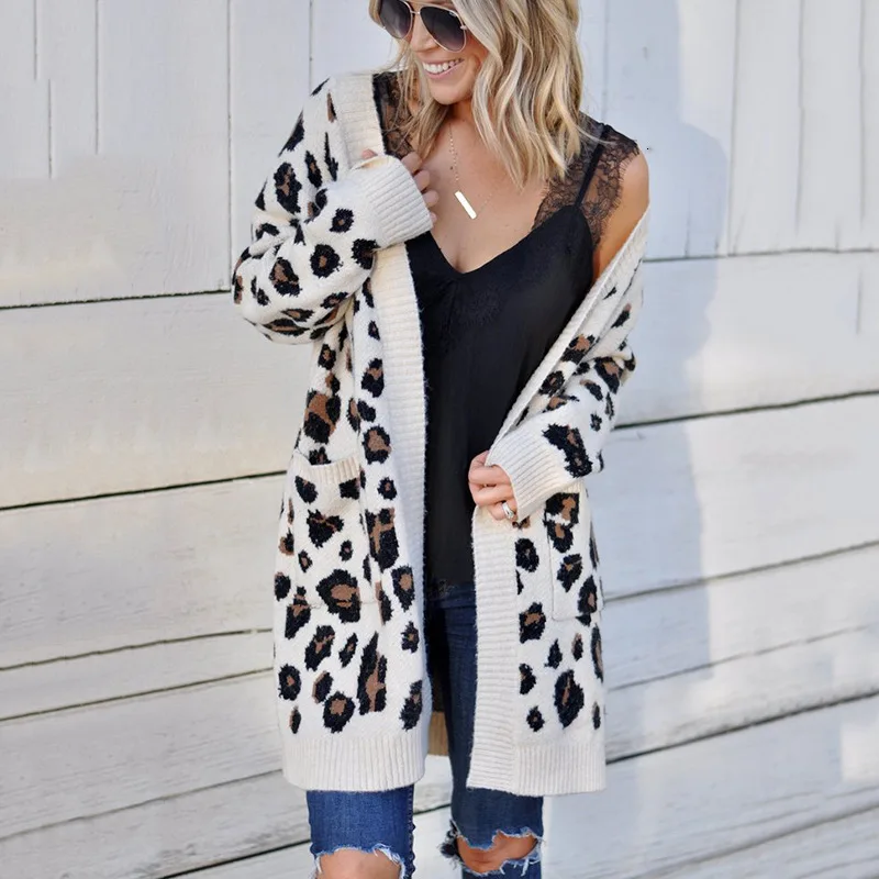Вязаный длинный женский кардиган с леопардовым принтом; рождественское пальто с длинными рукавами и v-образным вырезом; сезон осень-зима; Новинка года; повседневная одежда