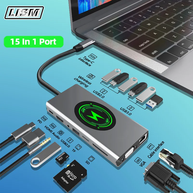 

LISM USB HUB C HUB Type C To HDMI Wireless Charging USB 3.0 Adapter 15 in 1 Type C HUB Dock For MacBook Pro Air USB C Splitter