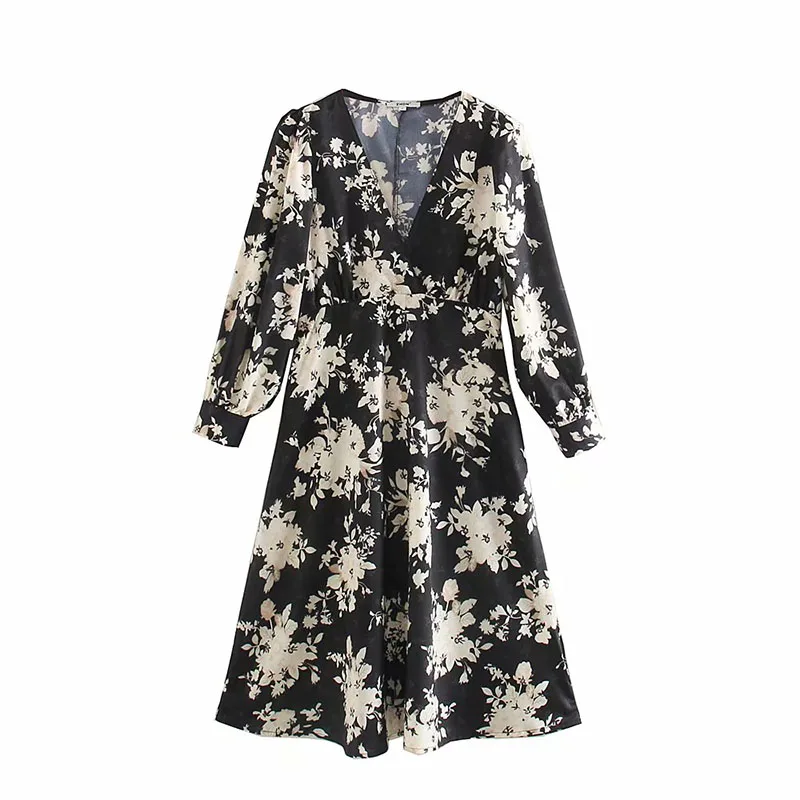 za 2019 women dress v-neck floral print midi black elegant vestidos fashion chic a-line vestido mujer | Женская одежда