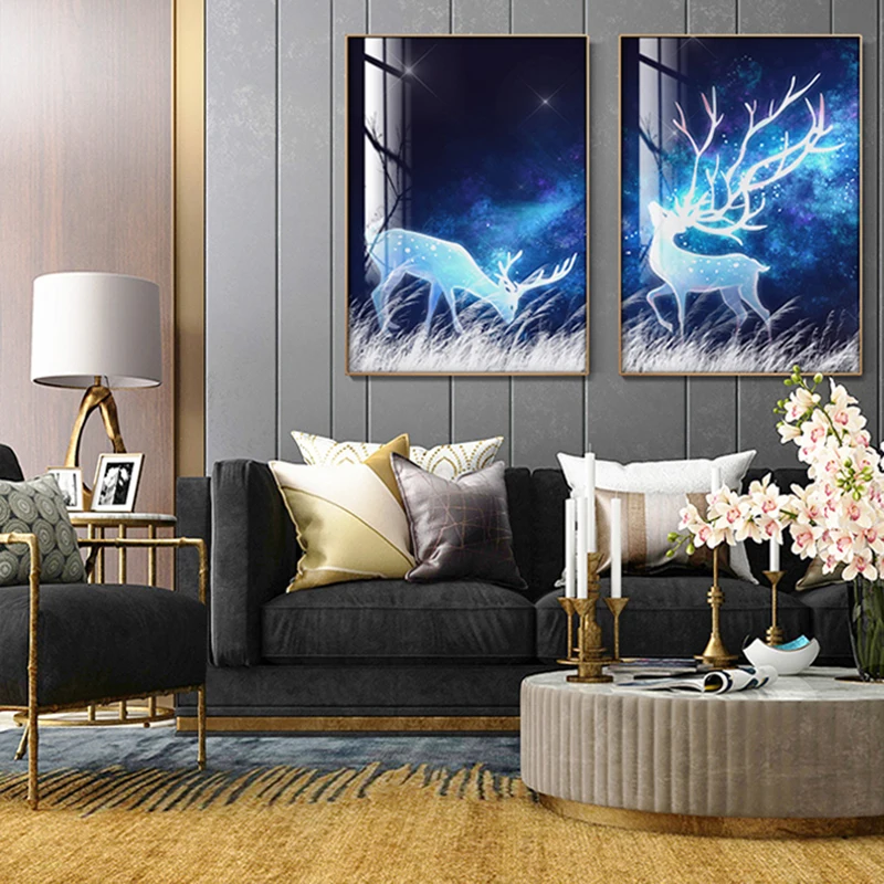 

Modern Canvas Painting Blue Animal Poster and Print Abstract Living Room Bedroom Wall Art Deer Picture Home Decoration Painting