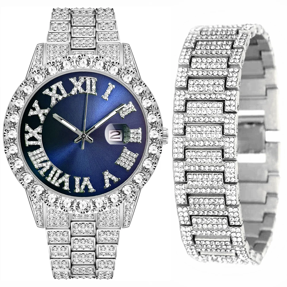 Льдом цепи часы-браслет для Для мужчин со льдом часы комплект ювелирных изделий в