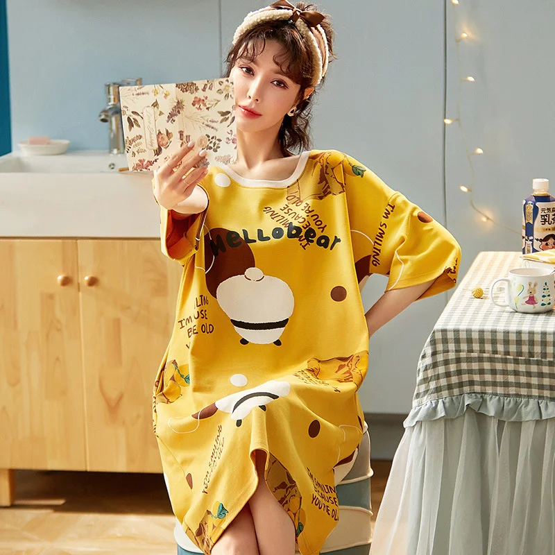 

2021 New Summer Pajamas Women's Cotton Short Sleeve Spring And Autumn Large Size Nightdress Can Be Worn Outside Home