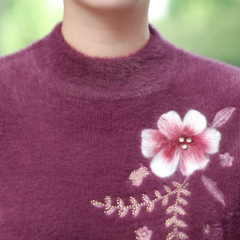 Женские свитера с вышивкой из искусственной норки осенне-зимние топы цветами