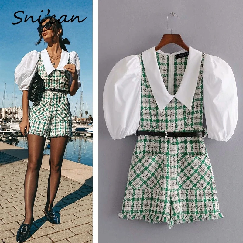 Snican Patchwork Tweed Plaid Jumpsuit With Belt Pockets Fashion Turn Down Collar Harf Sleeve Playsuit Za 2020 Women Casual Mono