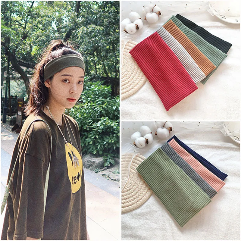 

CN Solid Color Sport Knitted Headband For Women Girls Cotton Stretchy Hair Bands Striped Flat Elastic Hair Accessories