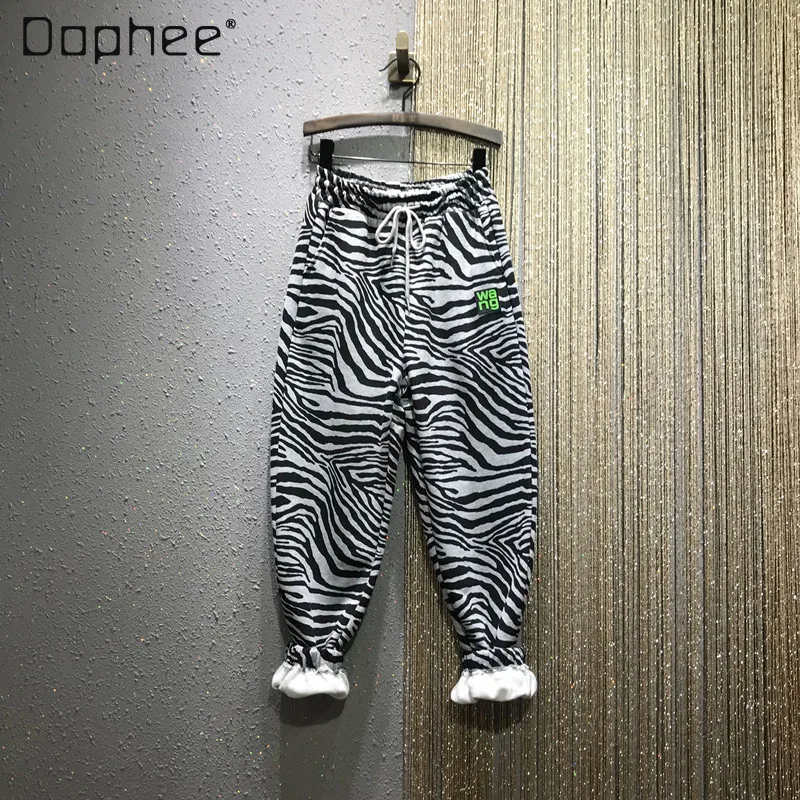 

Новинка весна-лето 2021, Свободные повседневные спортивные шаровары большого размера с узором зебры и поясом на резинке