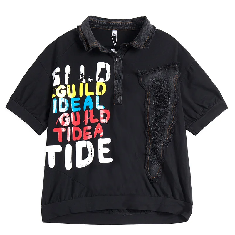 

Tops For Lady Streetwear Loose Patched Polo Shirts Women's Short Sleeve European Fashion Letter Printing Black Casual Tees