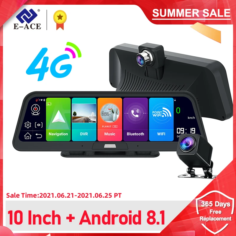 E ACE Автомобильный видеорегистратор 4G 10 дюймов Android 8 1 GPS навигация FHD 1080P авто