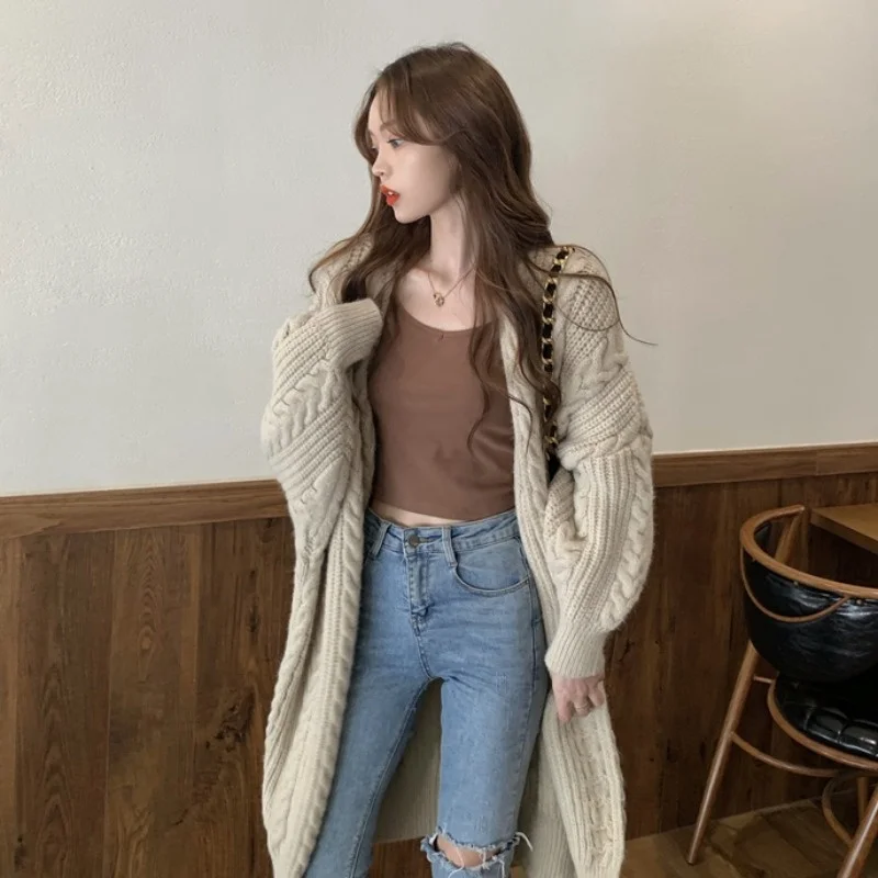 Twist Sweater Coat Women's Spring and Autumn 2021 New Loose Outer Wear Design Sense of Medium Long Knitted Cardigan | Женская одежда