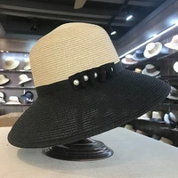 2021 new classical ladies fedora beach sun hat pearls black ribbon women straw hat summer bucket hat kuntucky derby hat