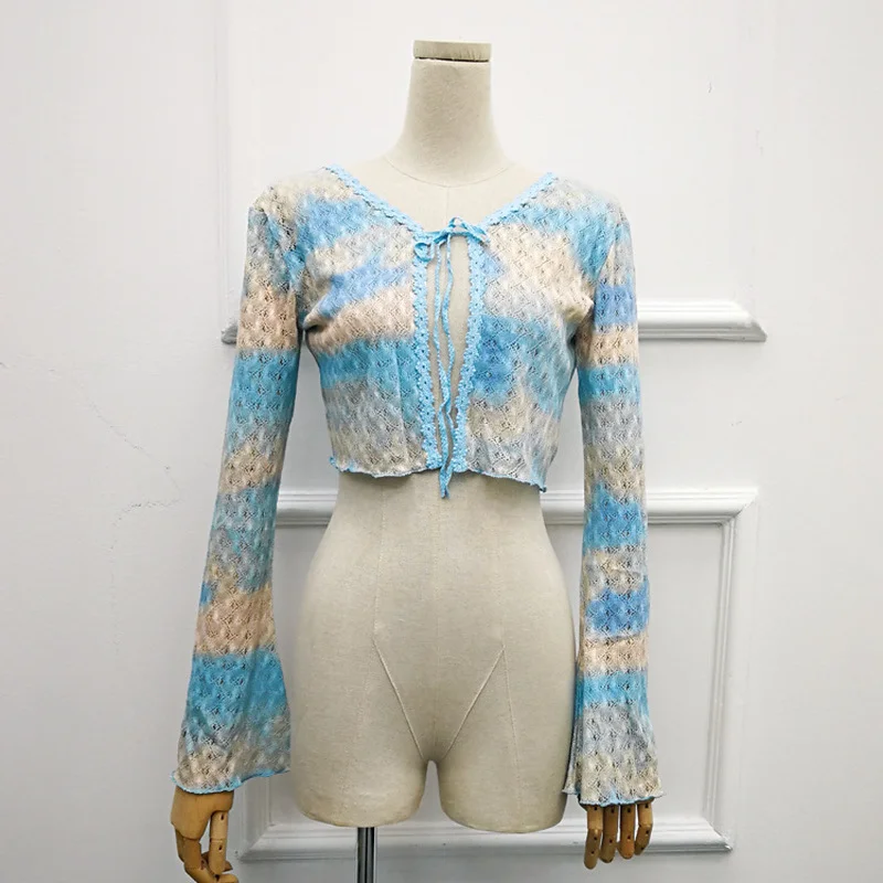 Корейский модный градиентный кардиган вязаный свитер на шнуровке женская