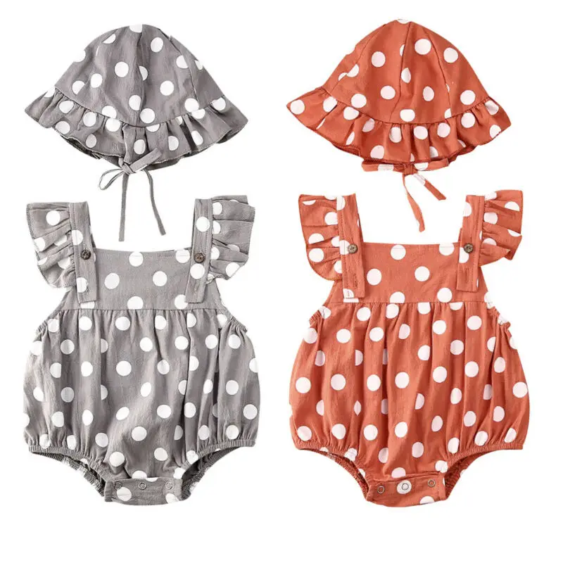 

Toddler Kids Baby Girl Jumpsuit Polka Dot Print Ruffles Short Sleeve Bodysuits Hats Sunsuit Outfits Summer Beach Clothes