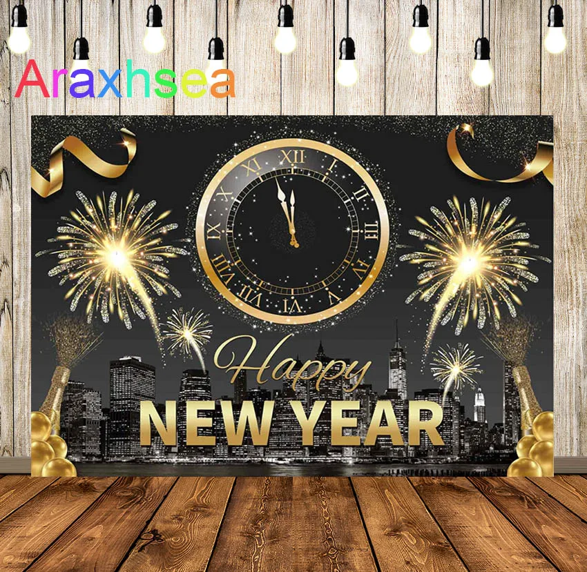 

Happy New Year Backdrop Champagne Balloon Ribbon City Background Black and Gold 2021 NYE Party Decor Banner Photo Studio