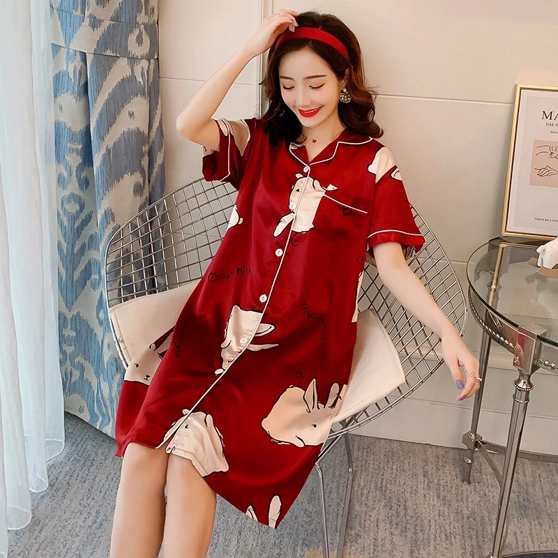 Women Loose Nightgowns Satin Sleepwear Nightshirts Long Sleeve Silk Casual Night Dress Summer Home Clothing Home Dress