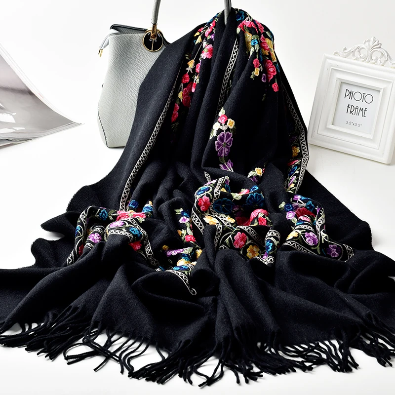 Winter Sheep Wool Scarf Women Flower Embroidery Solid Autumn Shawls Wraps for Ladies Tassels Warm Thick Large Scarves |