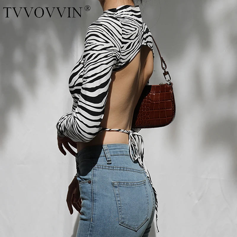 

TVVOVVIN Snakeskin Pattern Sexy Full Sleeve Base Backless Women Turtleneck Tie Leopard Top Zebra Print Cropped T-shirt Tops N5C