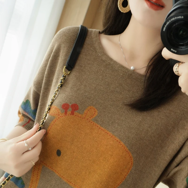 

adohon 2021 woman 100% Cotton Spring sweaters knitted Pullovers High Quality Female O-neck Cartoon Loose-fitting Casual