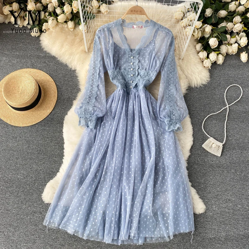 

YuooMuoo Romantic Women Lace Two Piece Party Dress Spring Elegant V-neck Long Sleeve Vintage Midi Dress Fashion Green Vestidos
