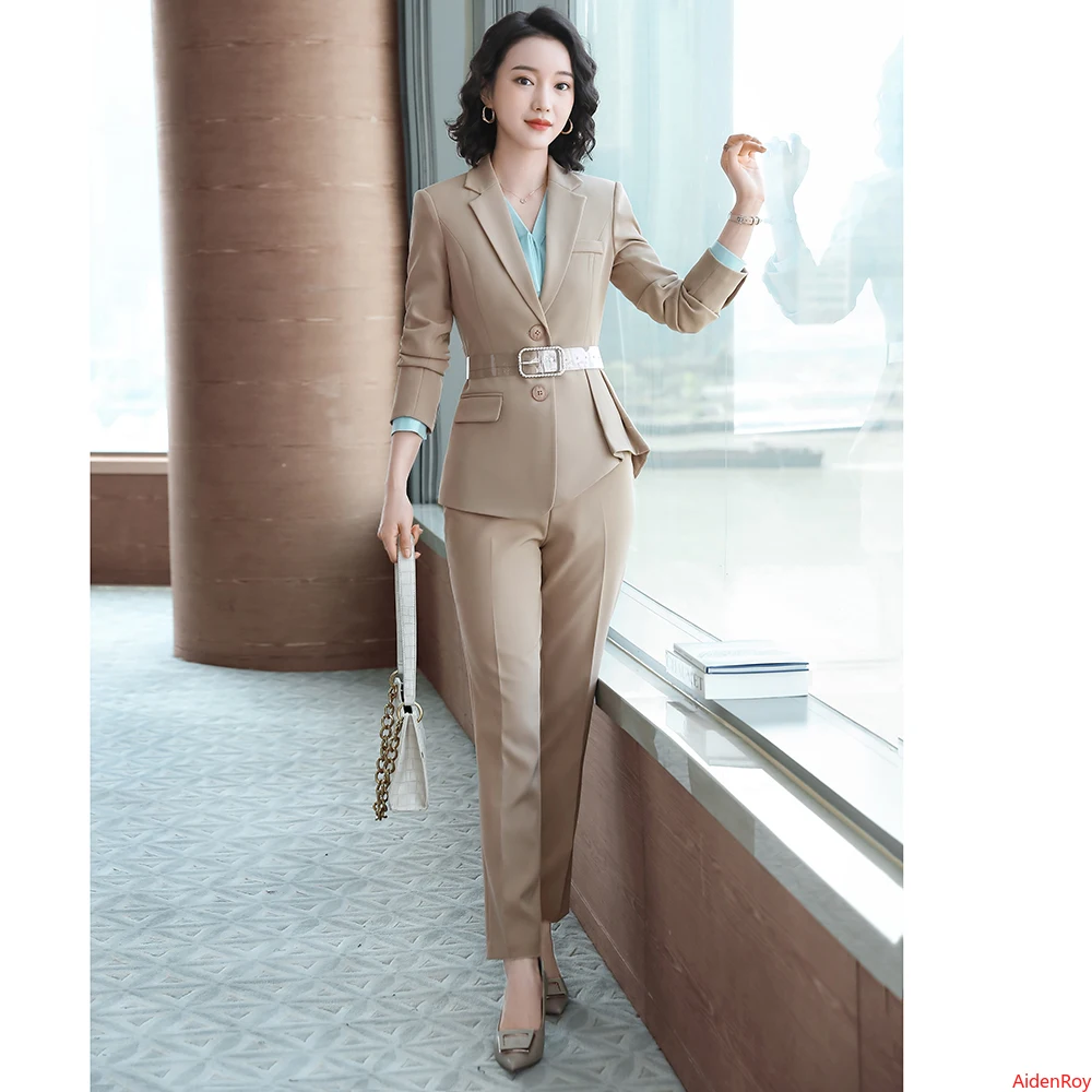 

2020 Green Apricot Plaid Formal Blazer Women Pant Suit Long Sleeve Jacket Ladies Business Clothes Work Wear 2 Pieces Suits Sets