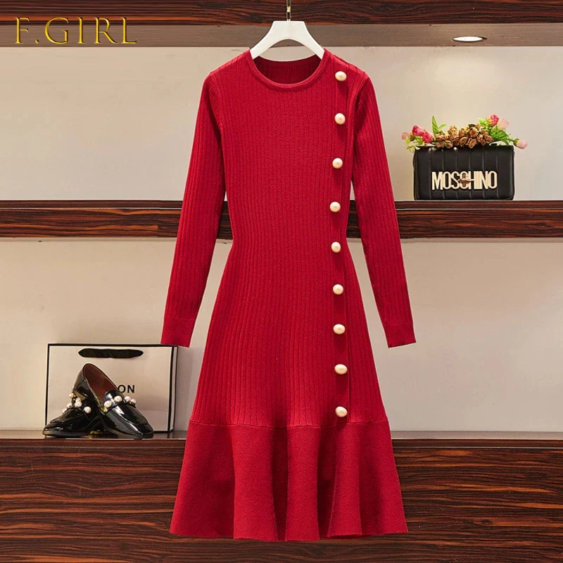 

Plus Size Clothing Winter Vintage Elegant Knit Black Red Party Dress Women Long Sleeve Buttons Sweater Warm Mermaid Dresses 4XL