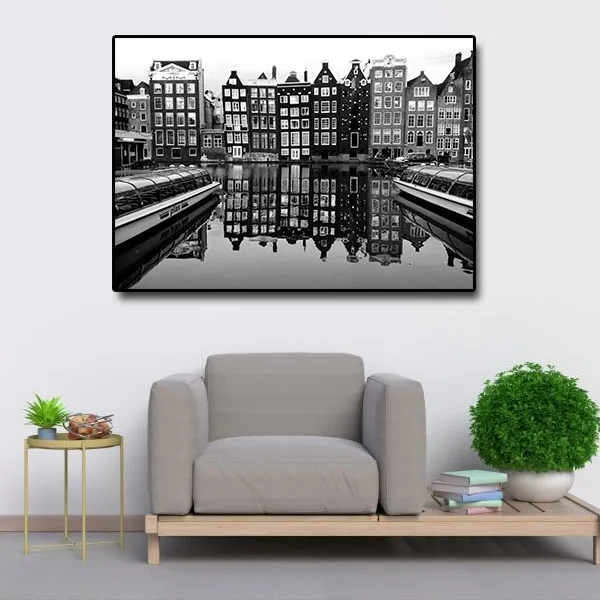 

Black and White City Waterfront Town High Definition Print Canvas Painting Living Room Bedroom Decoration Painting