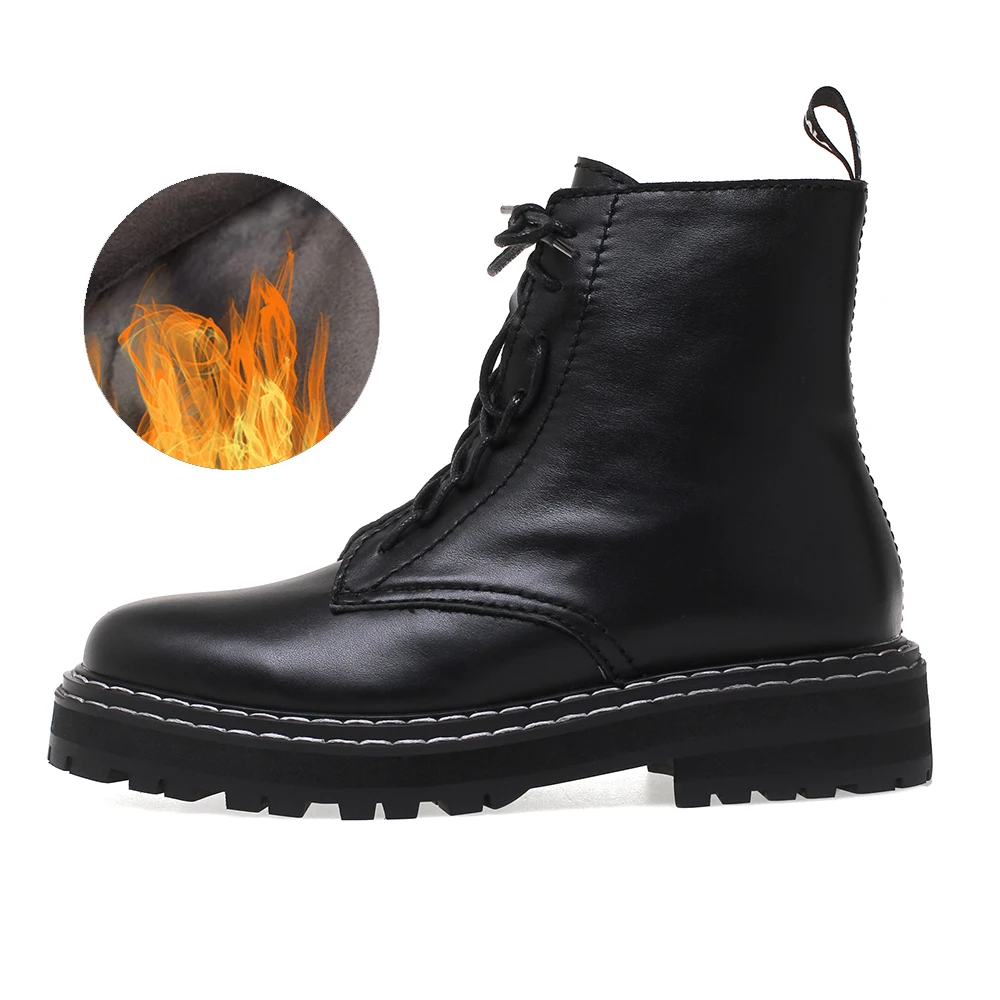 black fur Большие размеры 34-43; новые женские Ботинки martin из натуральной кожи; повседневные ботинки на молнии; Зимние Теплые ботильоны на шнуровке; модные женские ботинки - Цвет: black fur