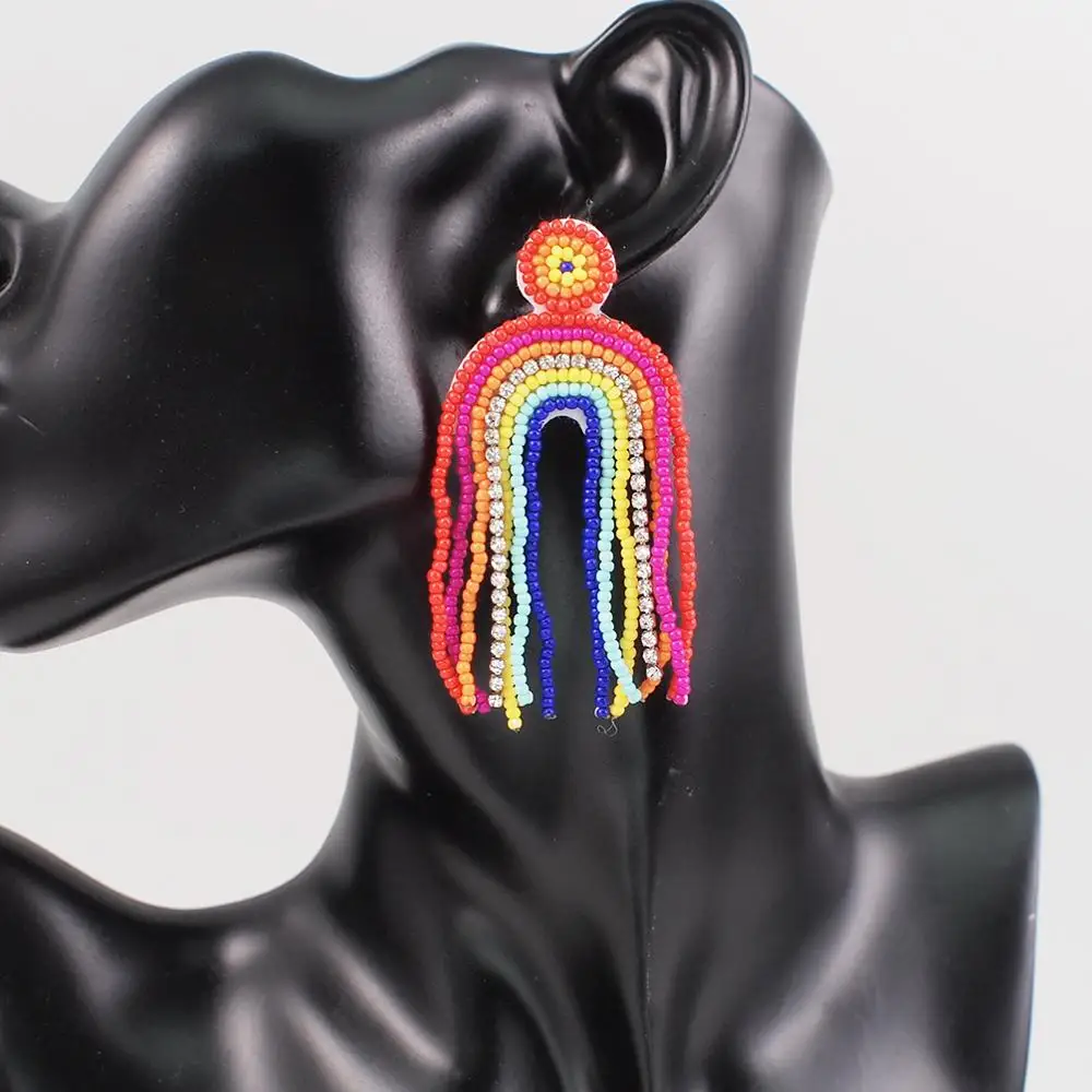 Женские серьги кисточки с радужными бусинами MANILAI Разноцветные длинные ручной
