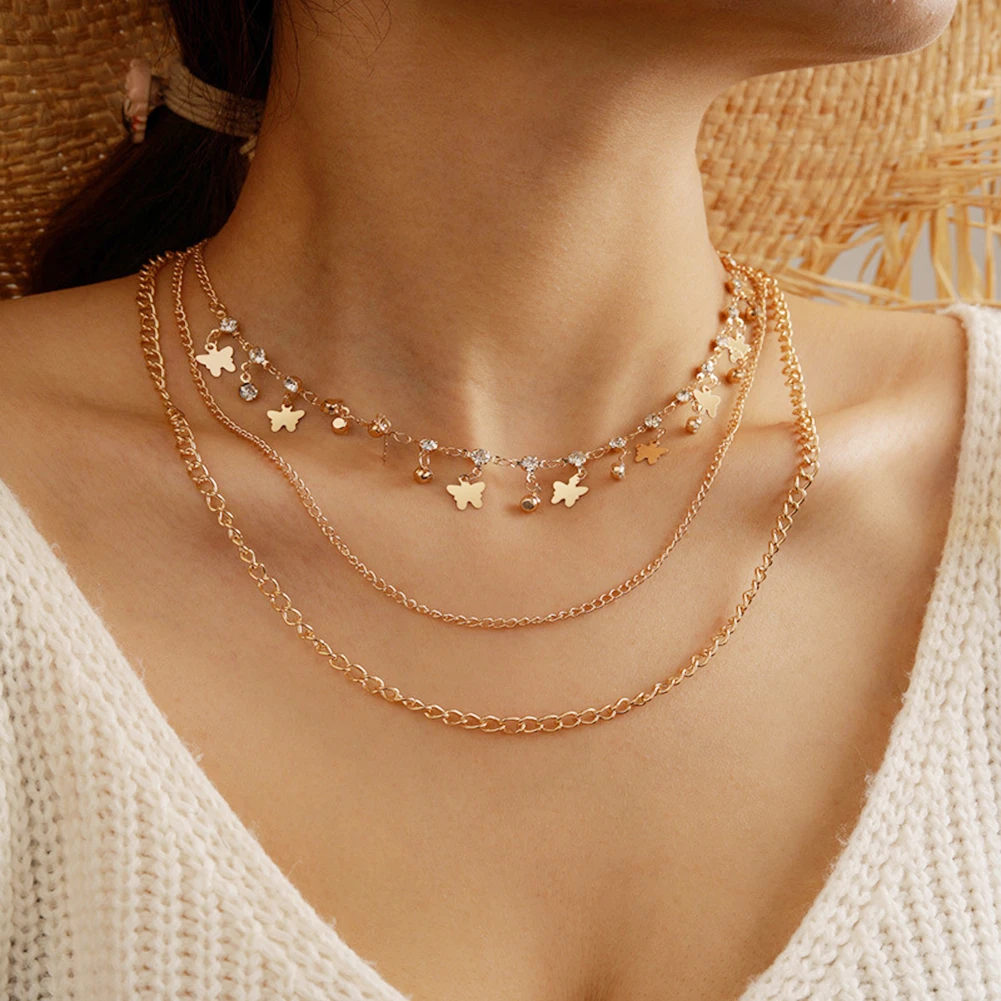 

Multi-layer Butterfly Rhinestone Necklace Choker Charming Pendant Women Simple Clavicle Chain Beach Holiday Jewelry Gifts