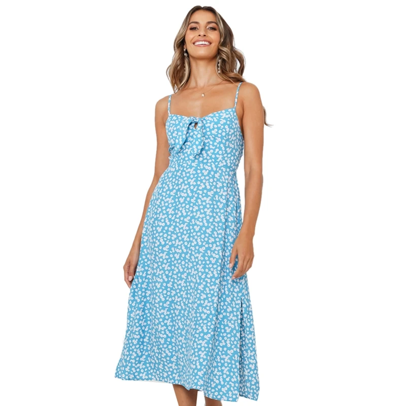 Сексуальное платье с цветочным принтом и бантом на ремешке женское летнее