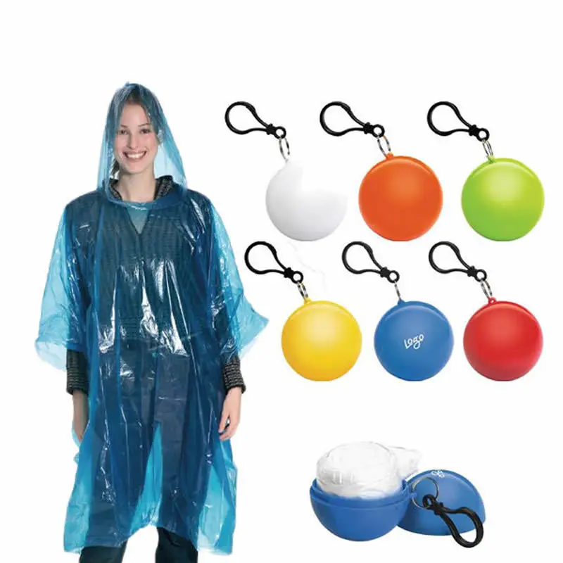 

Convenient Portable Rain Ponchos Ball for Adults Disposable Extra Thick Emergency Waterproof Raincoat Colorful Poncho with Hook