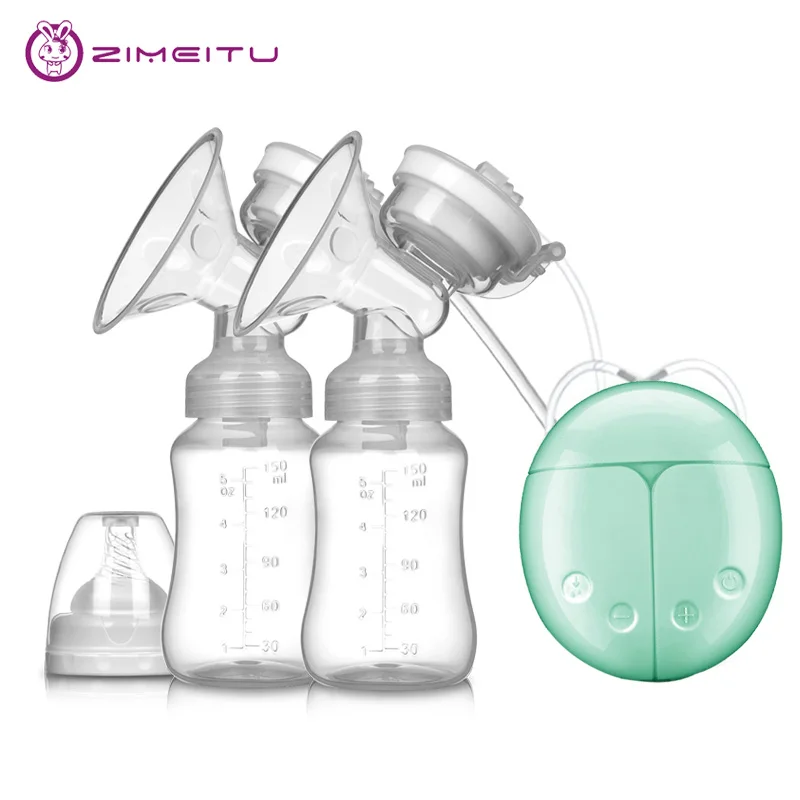 ZIMEITU двойные электрические молокоотсосы мощный всасывающий USB Электрический молокоотсос с детской бутылочкой для молока холодная грелка Nippl - Цвет: Green