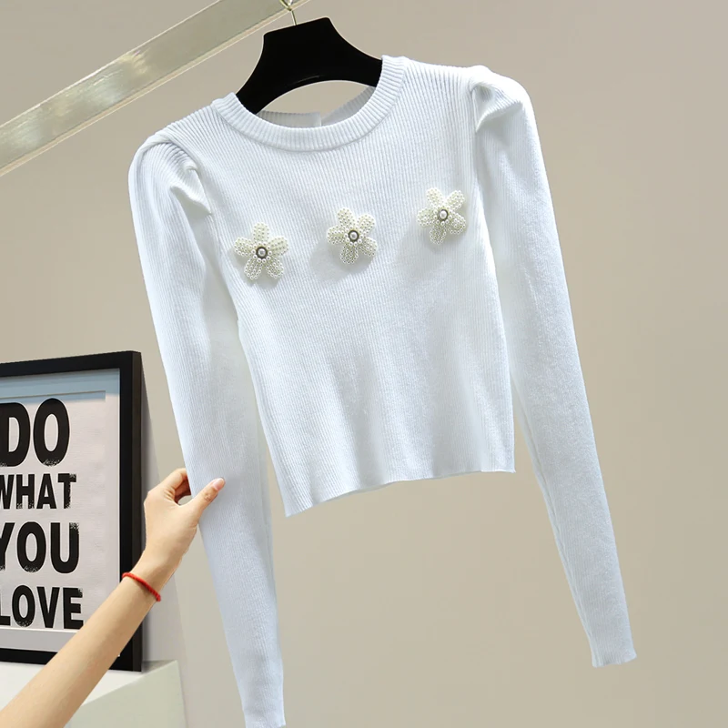 Женский укороченный топ с бусинами Осень-зима 2021 корейский Однотонный свитер