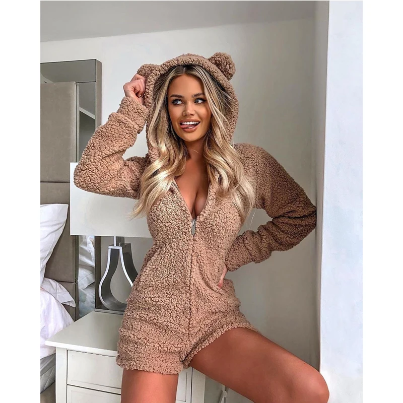 

Winter Flannel Sleepwear Women's Cute Teddy Bear Zipper Hooded Long Sleeve Jumpsuit Plush Warm Romper Christmas Nightwear