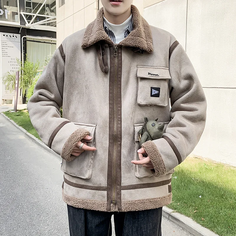 Plus Size 5XL Thicken Suede Cotton Jacket Men Japan Style Casual Winter Warm Loose Outerwear College Street Biker Khaki | Мужская одежда