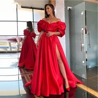 gorgeous long satin evening dress red for bride with sleeves off the shoulder party sexy side slit prom gowns robe de soir%c3%a9e2022