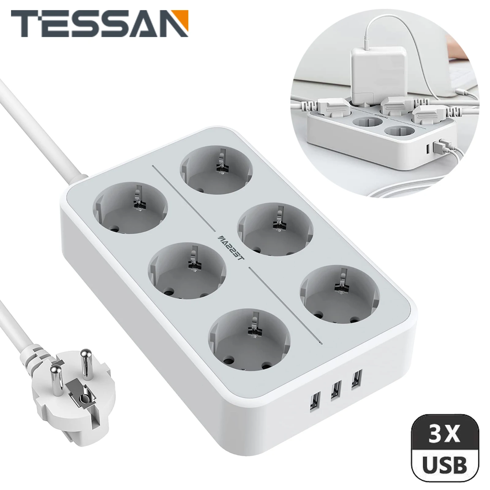 

TESSAN 6 Way Socket Power Strip, Multiple Plugs with 3 USB Ports & ON/OFF Swicth EU Wall-Mounted Power Strip, 2M Extension Cord