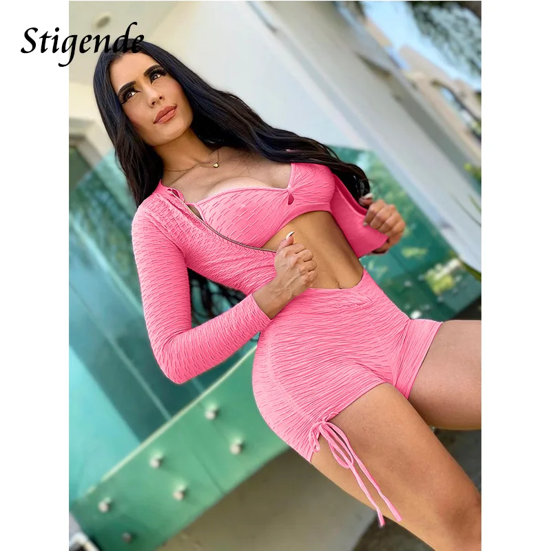 

Stigende Pink 3 Piece Tracksuit Set Women Casual Bodycon Fitness Outfit Zipper Jacket Spaghetti Strap Crop Top and Shorts