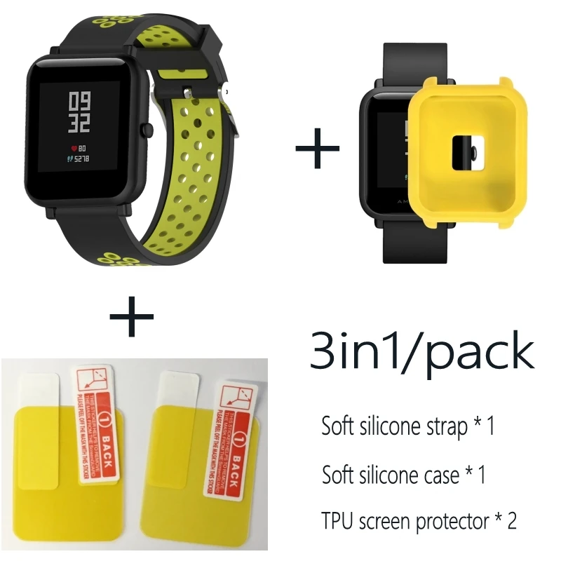 Black yellow-Yellow 3в1 Для Xiao mi Hua mi Amazfit Bit ремешок BIP PACE Lite Молодежные умные часы mi Fit braceket+ силиконовые полосы+ мягкий чехол+ 2 пленки для экрана - Цвет: Black yellow-Yellow