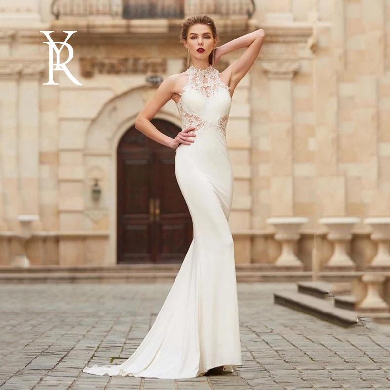 

YILIBERE Mermaid wedding dress white halter sleeveless simple retro chiffon plus size bridal dresses lace